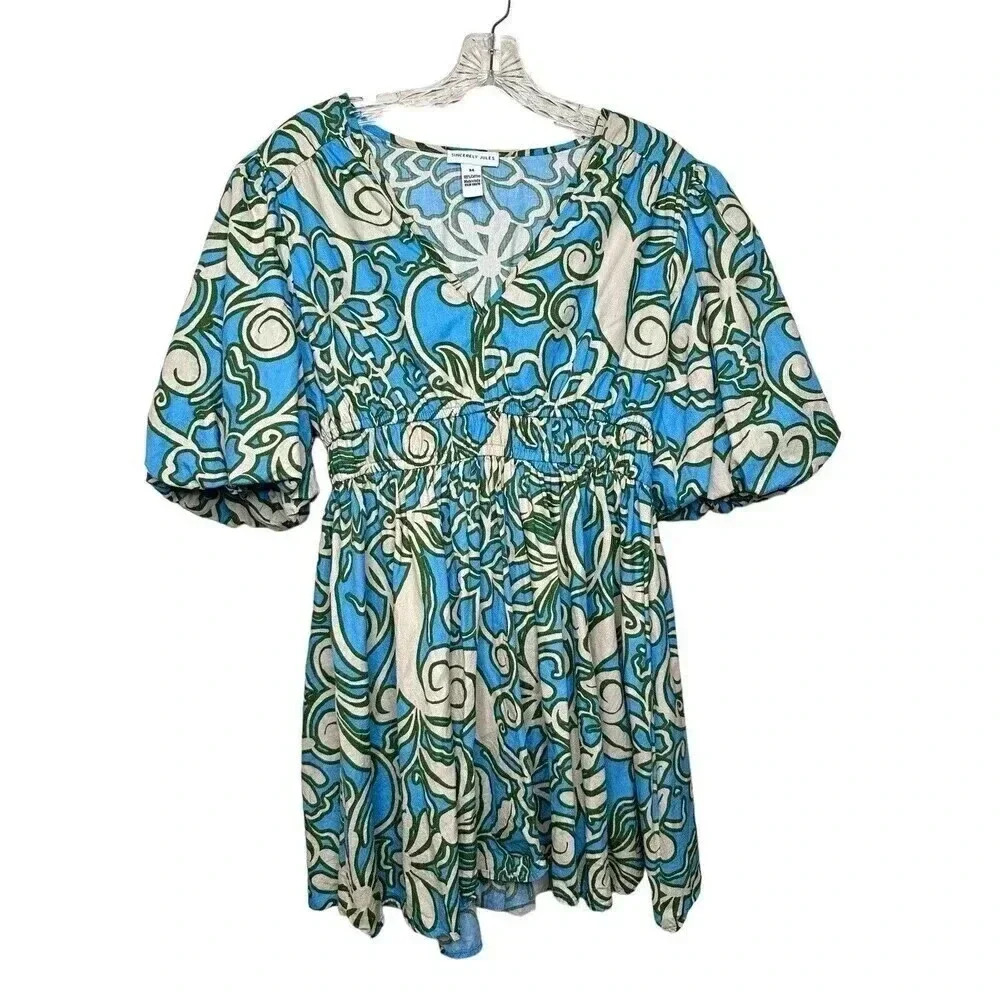 Sincerely Jules Vibrant Blue and Green Floral Mini Dress